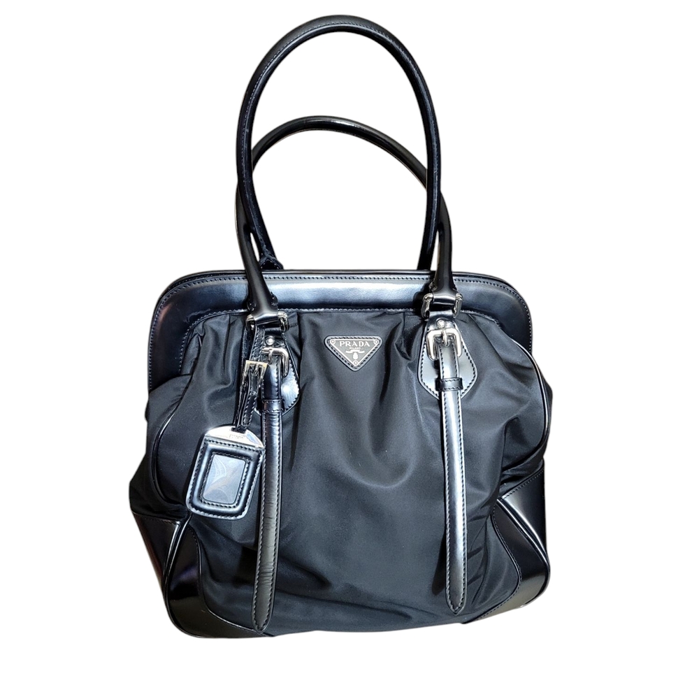 Prada Large Vitello Trimmed Tessuto Frame Handle Bag